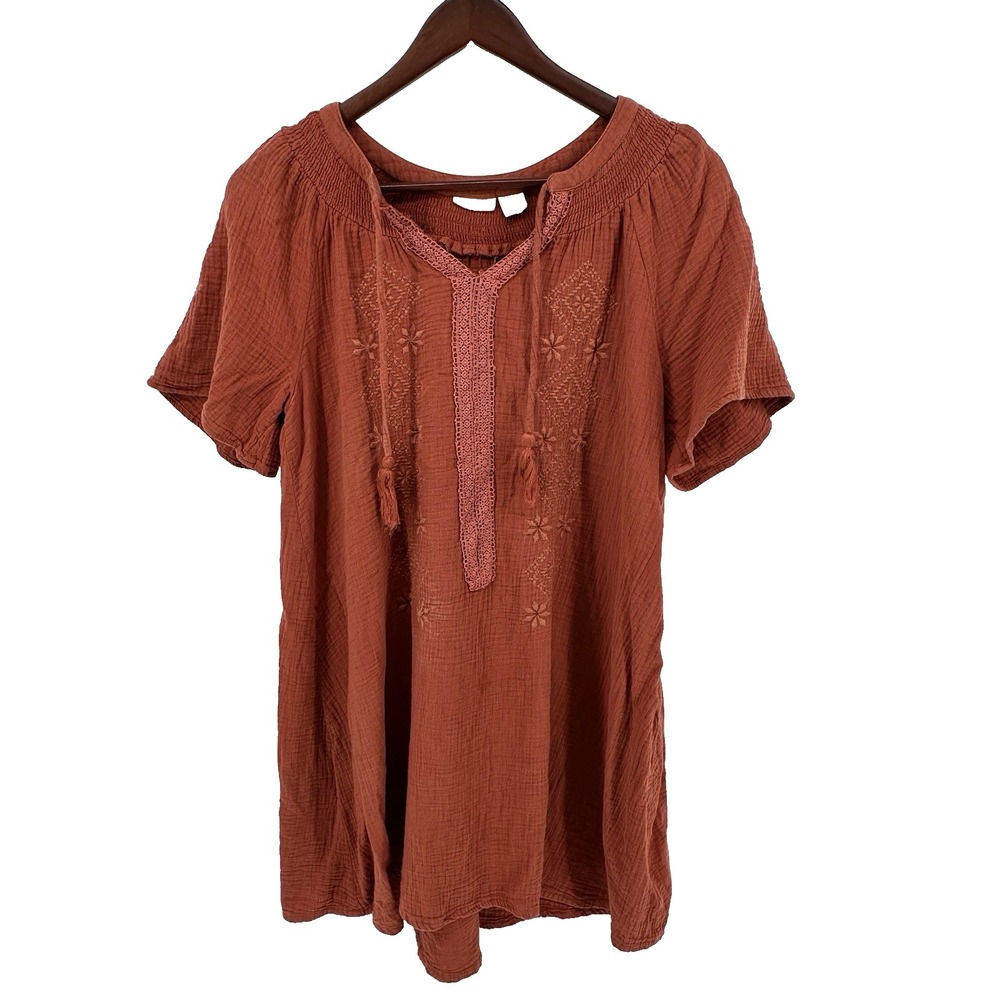 Lucky Brand Women's Embroidered Peasant Mini Dress Rusty Orange Boho Size L